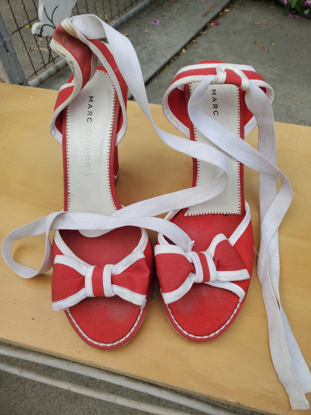 Marc by Marc Jacobs Red Canvas Bow Tie Espadrille Sandals with White Trim